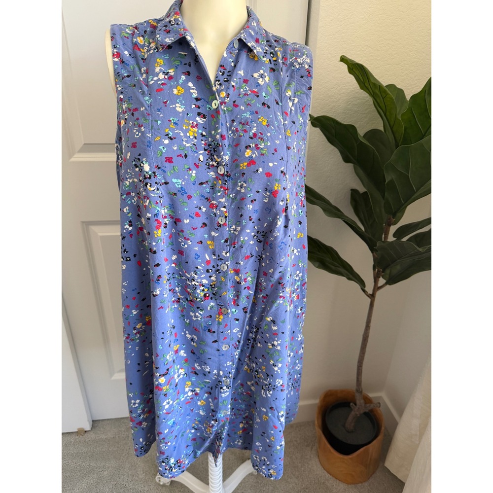 Beach Lunch Lounge Blue Floral Sleeveless Button Down Shift Dress Large